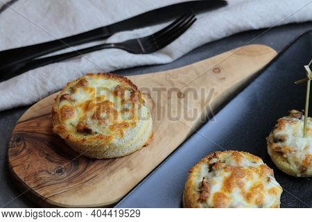 A Platter Of Cheesy Mushroom Croustades Or Cheesy Mushroom Discs Toated For A Starter Or Hors D'oeuv