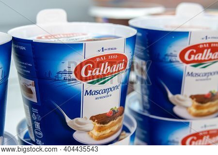 Tyumen, Russia-november 07, 2020: Mascarpone Italian Galbani Gran Gusto Traditions Of The Italian Br