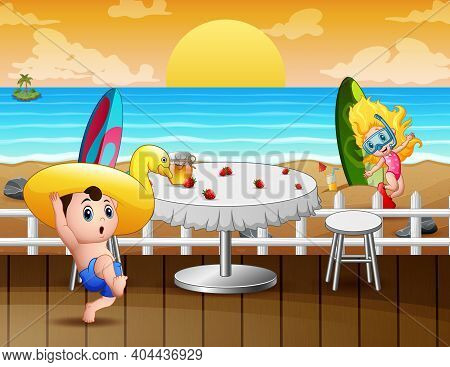 Beachside Restaurant Or Cafe Landscape With Happy Kids Playing