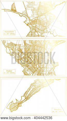 Dakar Senegal, Conakry Guinea and Bujumbura Burundi City Map Set in Retro Style in Golden Color. Outline Map.