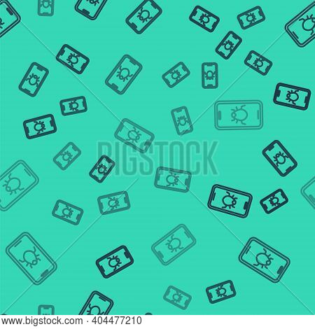Black Line System Bug On Mobile Icon Isolated Seamless Pattern On Green Background. Code Bug Concept