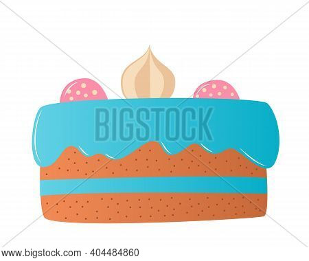 Cake With Blue Cream And Pink Marmalades And Cream Meringues. For A Birthday Or Other Celebration. C
