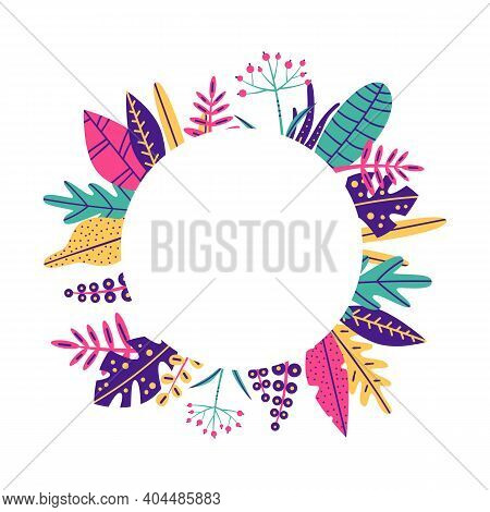 Tropical Bright Leaves On White Background. Trendy Color: Green, Pink, Yellow, Blue. Vector Stock Is