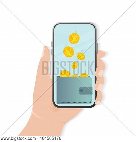 Flat Cash Back With Smartphone For Mobile App Design. Payment Online Concept. Vector Illustration.