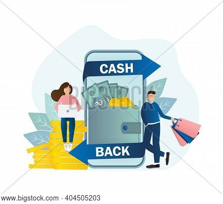 Flat Icon With Cash Back People For Concept Design. Cash Back Concept In Flat Style. Vector Illustra