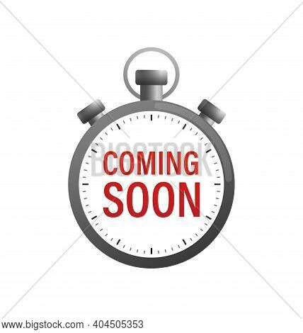 Flat Illustration Of Timer With Coming Soon On White Backdrop. Icon For Promotion Design. White Back