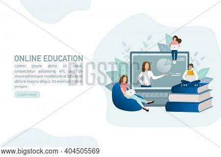 Flat Icon With Online Education. Character For Web Marketing Design. Technology Concept. Vector Illu