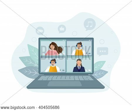 Flat Illustration. Video Conference. Video Call Between Friends, Chatting Online By Mobile App. Stay