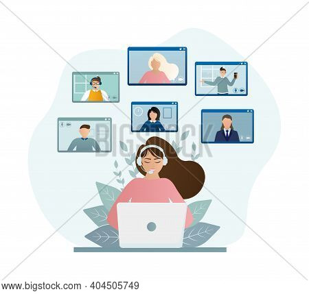 Flat Illustration. Video Conference. Video Call Between Friends, Chatting Online By Mobile App. Stay