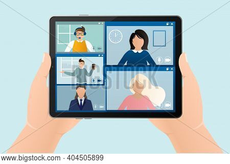Flat Illustration. Video Conference. Video Call Between Friends, Chatting Online By Mobile App. Stay
