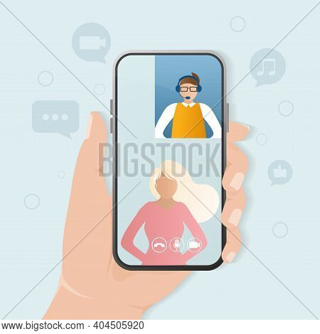 Flat Blue Icon. Video Chat People, Great Design For Any Purposes. Cartoon Character. Business Design