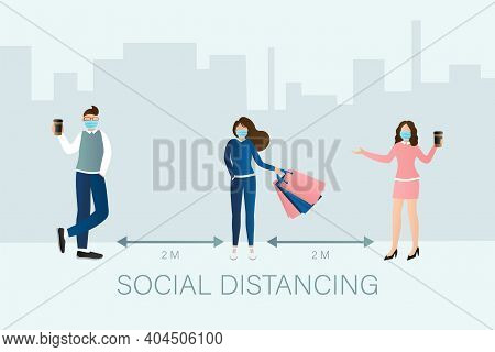Social Distancing People In Flat Style. Medical Prevention. Illustration For Medical Design. Vector 