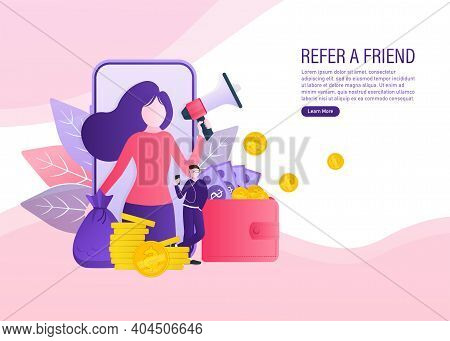 Refer A Friend Concept Design, People Share Info About Referral And Earn Money. Suitable For Web Lan