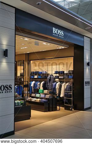 London, Uk - April 24, 2016: Hugo Boss Fashion Shop In Duty Free Zone Of London Stansted Airport, Uk