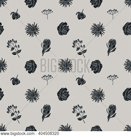 Seamless Pattern With Hand Drawn Stylized Viburnum, Hypericum, Tulip, Aster, Leucadendron, Amaryllis