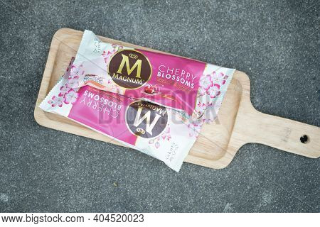 Samut Prakan, Thailand - January 23, 2021 : Ice Cream Wall Magnum Ice Cream Cherry Blossoms Flavor O