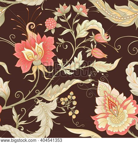 Seamless Pattern With Stylized Ornamental Flowers In Retro, Vintage Style. Jacobin Embroidery. Color