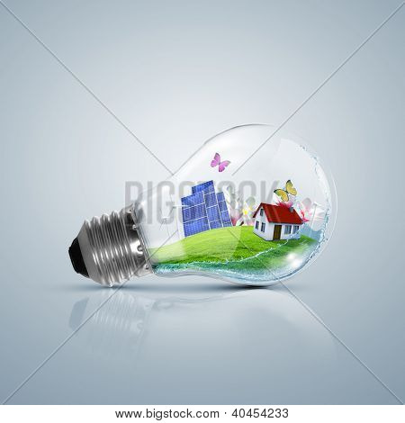 ECOLOY ábra-lámpa izzó, tiszta természet és a megújuló energiaforrások jelet belül