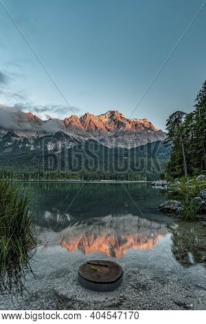 Eibsee Lake View Of Zugspitze Alpenglow In Germany Summer