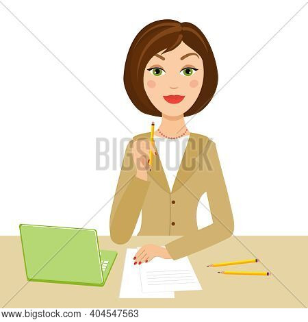 Office Secretary With Notebook And Pencil On Her Hand, Vector Eps10 Illustration