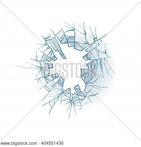 Broken Glass. Cracked Window. Texture Of Realistic Destruction Hole In Transparent Damaged Glass. Ve