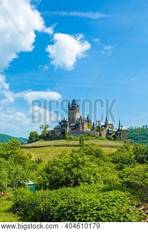 Cochem Imperial Castle Located On A Hill In The Small Picturesque Town Cochem At Moselle River In Rh