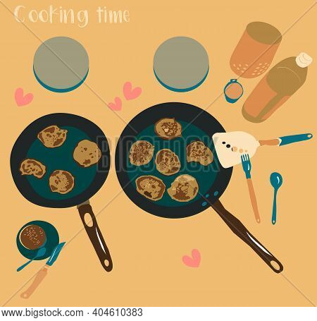 Breakfast Menu With Pancakes. Cooking On Two Pans. Top View Hand Drawn Vector Illustration With Cutl