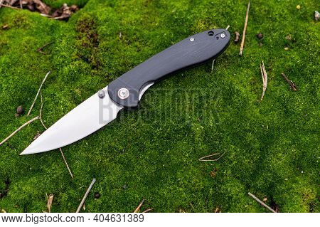 A Sharp Pocket Knife Lying On The Moss. Knife With A Black Handle. Top.