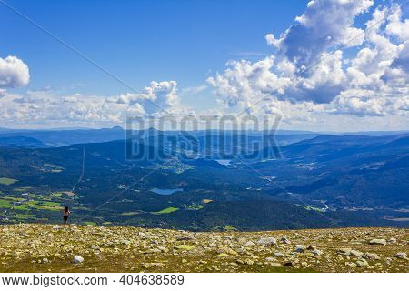 Amazing Norwegian Landscape Colorful Mountains On Sunny Day Vang Norway.