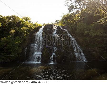 Panorama View Of Tropical Waterfall Cascade Owharoa Falls Karangahake Gorge Waikino Waikato North Is