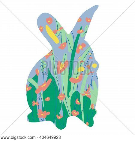 Rabbit Silhouette Standing Illustrated With Flowers And Grass. Easter Bunny Flat Illustration