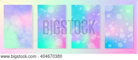 Set Of 4 Gradient Holographic Backgrounds In Different Colors With Bokeh Effect. Hologram To Create 