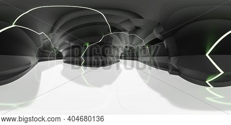 360 Degree Panorama View Of Dark Wall Futuristic Building Interior Hallway 3d Render Illustration Hd