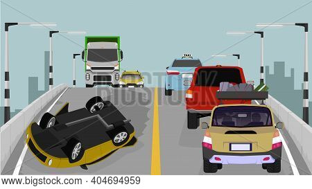 Passenger Car Accident Overturned On A Different Level Bridge. Car Jams Accumulate On The Road A Lot