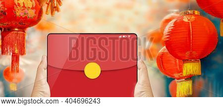 The Digital Hongbao On Cell Phone In Chinese Lunar New Year. \ndistribute Money In Paper Red Packets