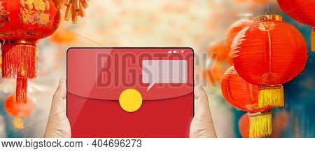The Digital Hongbao On Cell Phone In Chinese Lunar New Year. \ndistribute Money In Paper Red Packets