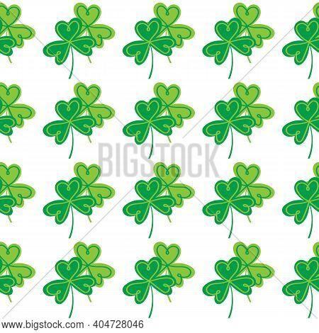 Patricks Day Seamless Pattern With Shamrock. Green Vector Elements On White Background. Doodle Cute 
