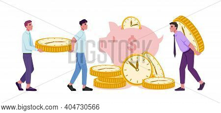 Saving Time And Money Concept, People Carry Coins In Shape Of Watches. Vector Finance And Investment