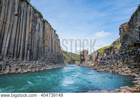 Jokuldalur Iceland - August 6. 2020: Tourists Enjoying Studlagil Canyon And Jokulsa River