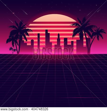 Neon 80 Background With Summer Landscape. Vector Futuristic Synth Retro Wave Illustration In 1980s P