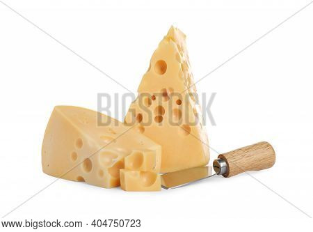 Pieces Of Delicious Cheese And Knife On White Background