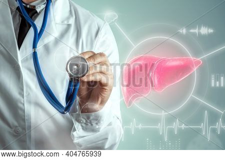 Doctor And Liver Hologram, Liver Pain And Vital Signs. Concept For Technology, Hepatitis Treatment,