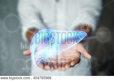 The Doctor Has A Liver Hologram In His Arms. Human Hepatitis Treatment Business Concept, Donation, D