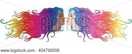 Two Lgbt Logo Symbol Girls. Rainbow Colored Hairs. African American And European Pretty, Young, Fash