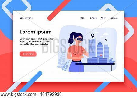Female Architect Engineer Building 3d City Model In Digital Glasses Flat Vector Illustration. Cartoo