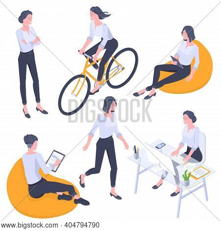 Flat Design Isometric Young Women Characters Poses, Gestures And Activityes Set. Office Working, Lea