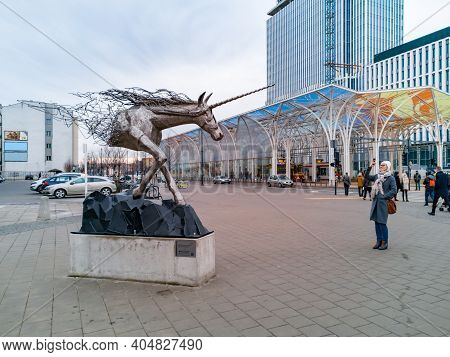 Lodz, Poland - February 22 2020 Big Unicorn Statue In Front Of Unicorn Stable Train Station