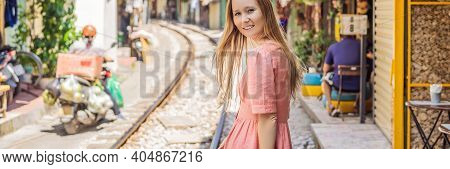 Banner, Long Format Woman Is Walking Of Hanoi City Railway. Perspective View Running Along Narrow St