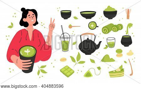 Green Matcha Tea Serve And Drink By A Young Woman. Matcha Latte Healthy Drink.various Tea Products M