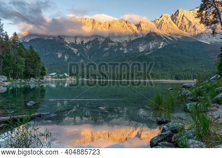 Eibsee Lake View Of Zugspitze Alpenglow In Germany Summer